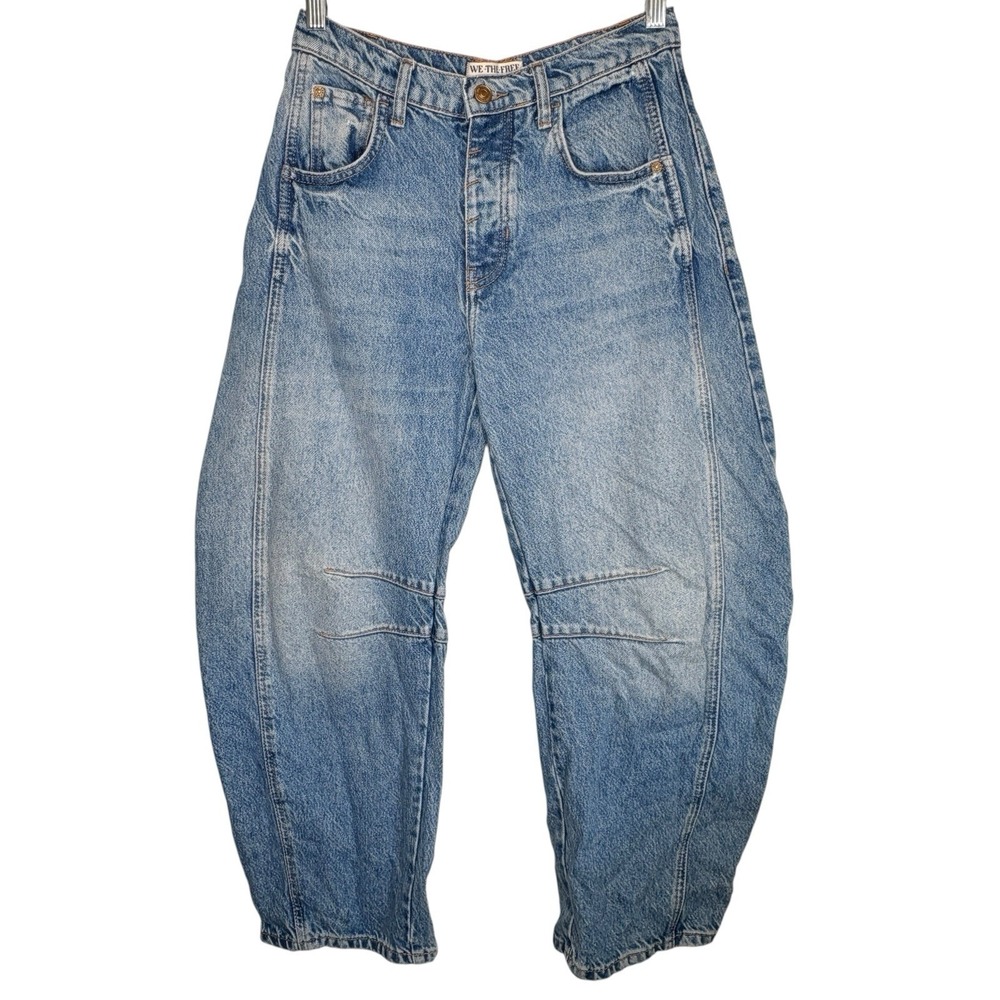 Free People Lucky You Mid Rise Barrel Jeans 24 Boho Crop Wide Leg Button Fly